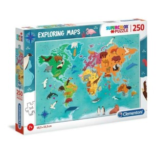 PUZZLE Super 250 pcs Mapa Mundo - Animais - CLEMENTONI